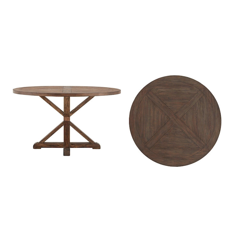 Rustic Round Pine Wood Dining Table with X-Base Pedestal, 54 to 72-Inch