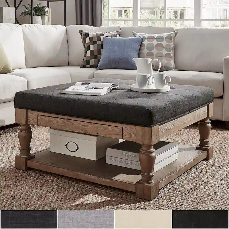 Storage Ottoman Coffee Table with 2 Drawers and Antique Pine Legs