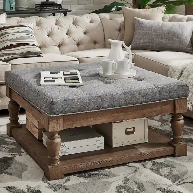 Storage Ottoman Coffee Table with 2 Drawers and Antique Pine Legs