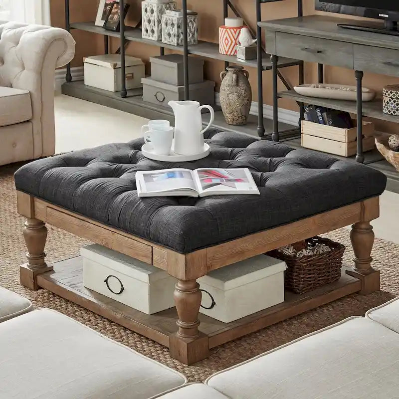 Storage Ottoman Coffee Table with 2 Drawers and Antique Pine Legs