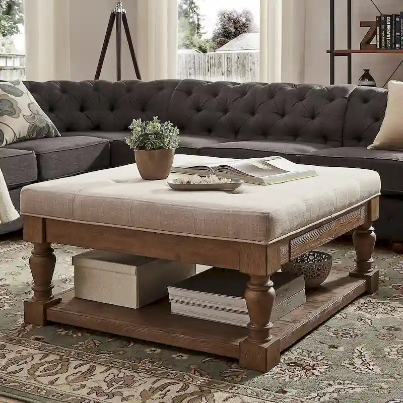 Storage Ottoman Coffee Table with 2 Drawers and Antique Pine Legs