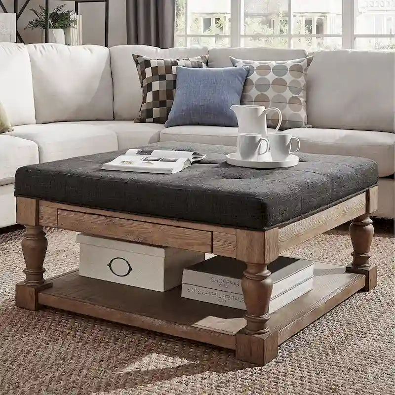 Storage Ottoman Coffee Table with 2 Drawers and Antique Pine Legs