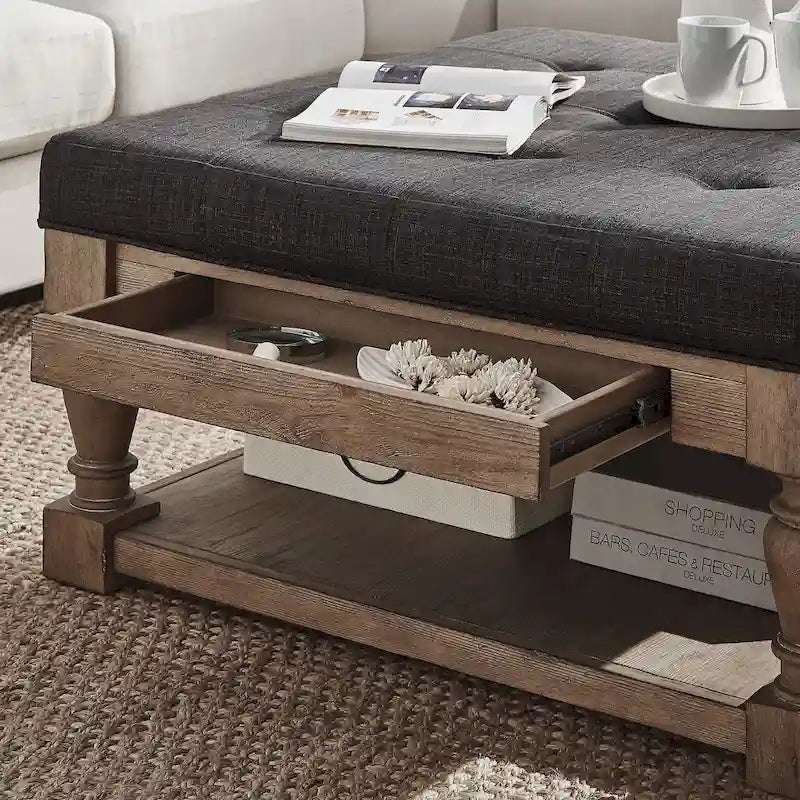 Storage Ottoman Coffee Table with 2 Drawers and Antique Pine Legs