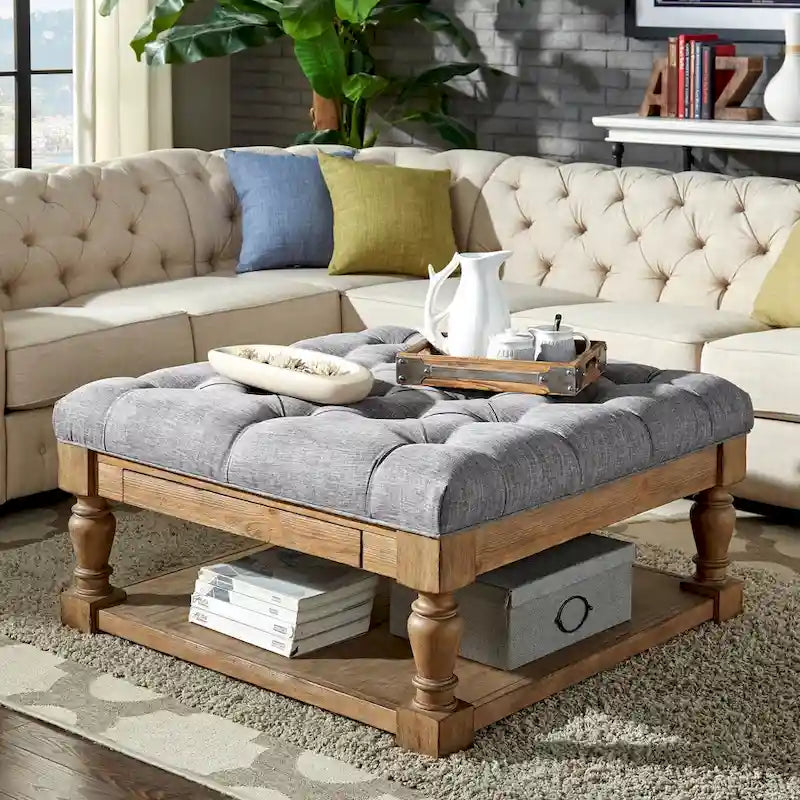 Storage Ottoman Coffee Table with 2 Drawers and Antique Pine Legs