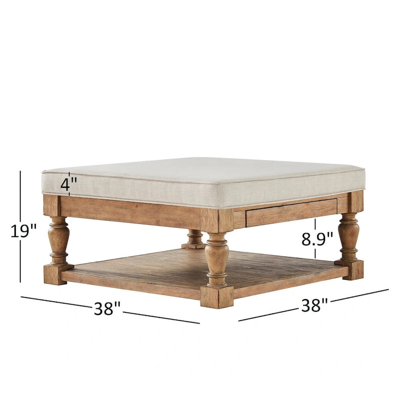 Storage Ottoman Coffee Table with 2 Drawers and Antique Pine Legs