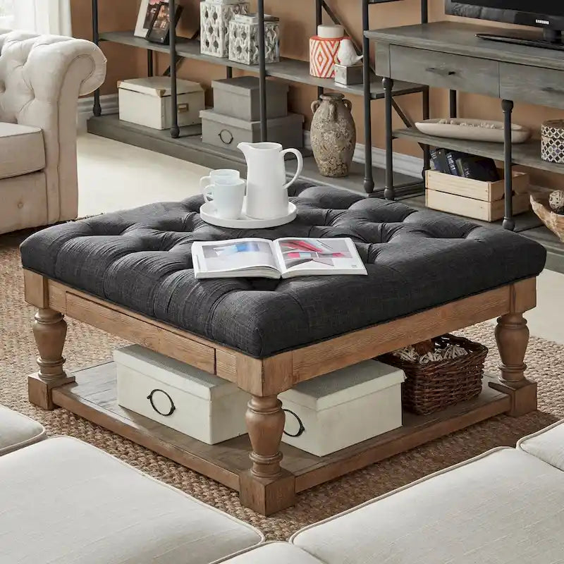 Storage Ottoman Coffee Table with 2 Drawers and Antique Pine Legs