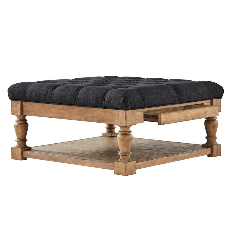 Storage Ottoman Coffee Table with 2 Drawers and Antique Pine Legs