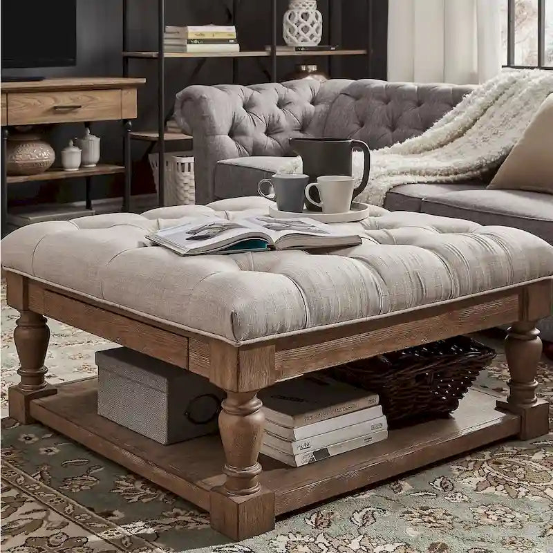 Storage Ottoman Coffee Table with 2 Drawers and Antique Pine Legs