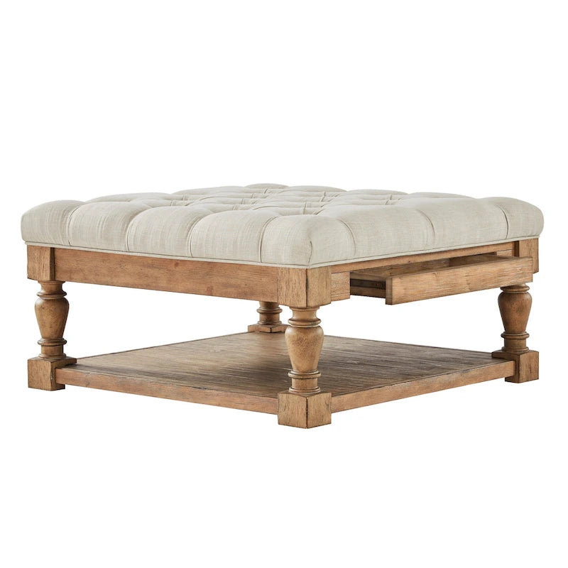 Storage Ottoman Coffee Table with 2 Drawers and Antique Pine Legs