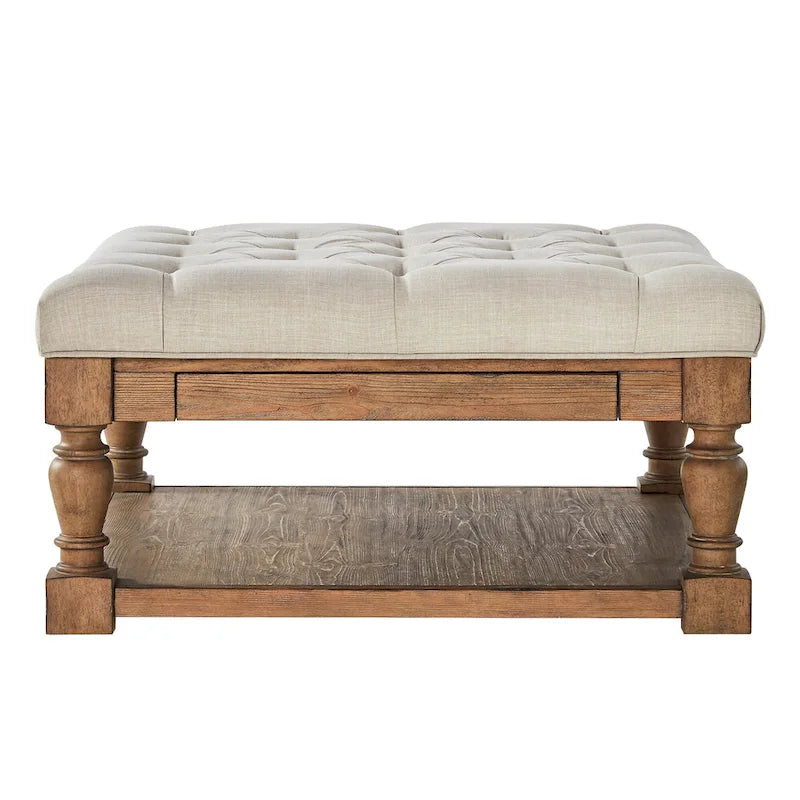 Storage Ottoman Coffee Table with 2 Drawers and Antique Pine Legs