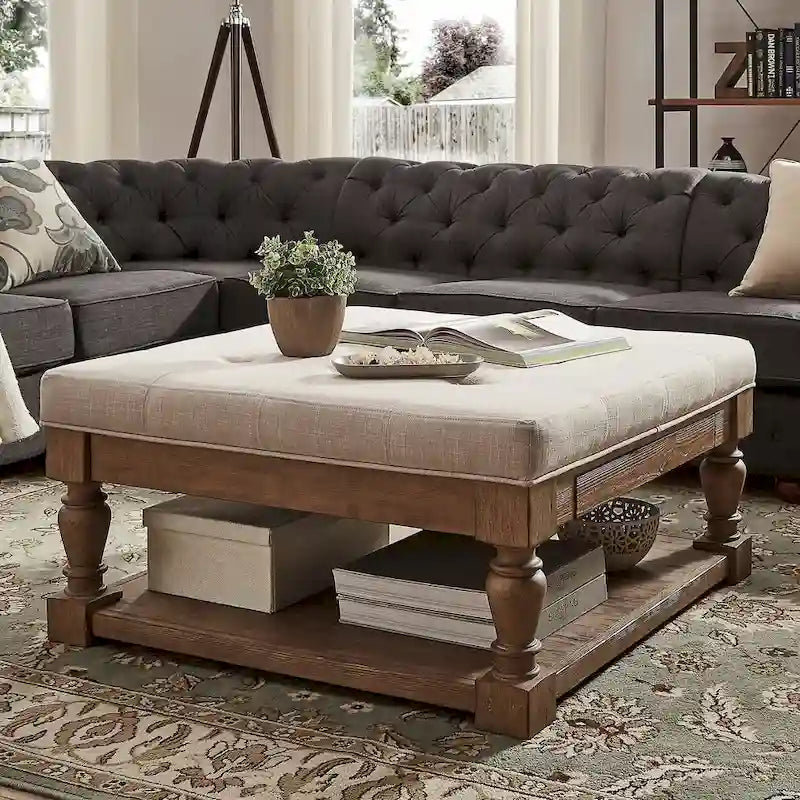 Storage Ottoman Coffee Table with 2 Drawers and Antique Pine Legs