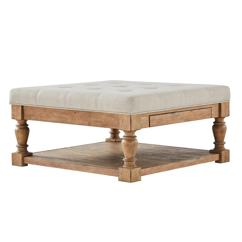 Storage Ottoman Coffee Table with 2 Drawers and Antique Pine Legs