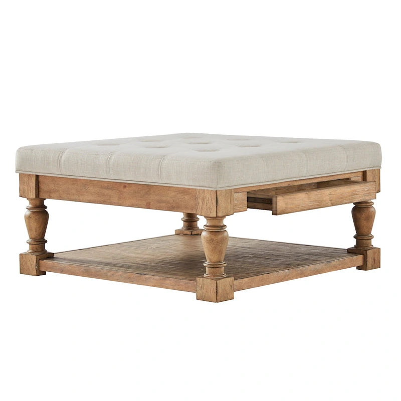 Storage Ottoman Coffee Table with 2 Drawers and Antique Pine Legs