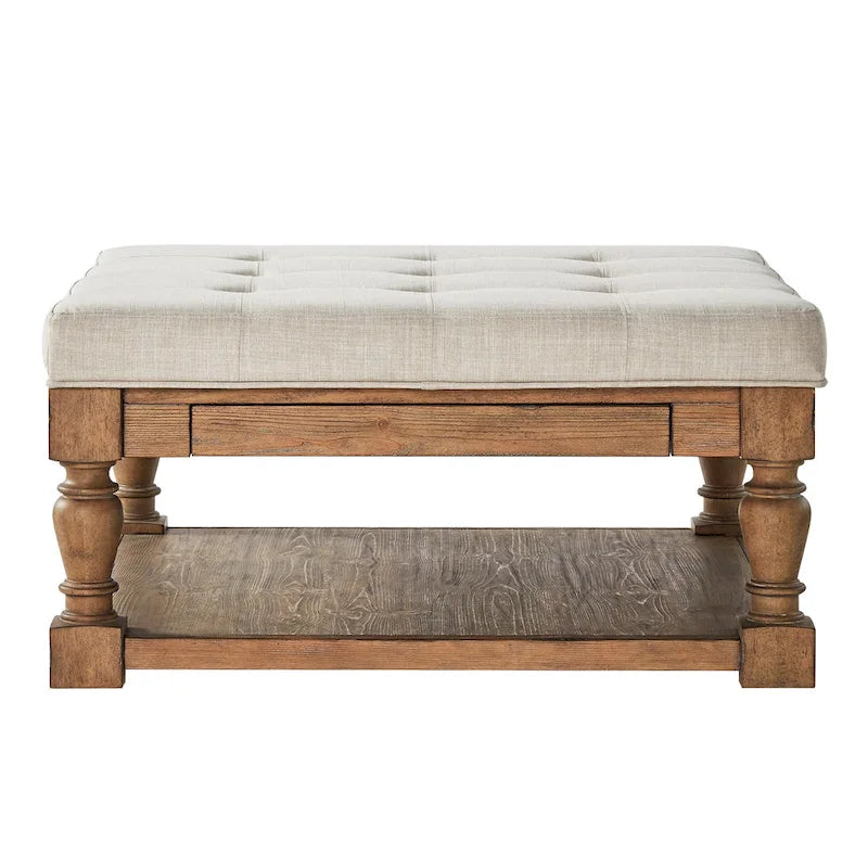 Storage Ottoman Coffee Table with 2 Drawers and Antique Pine Legs
