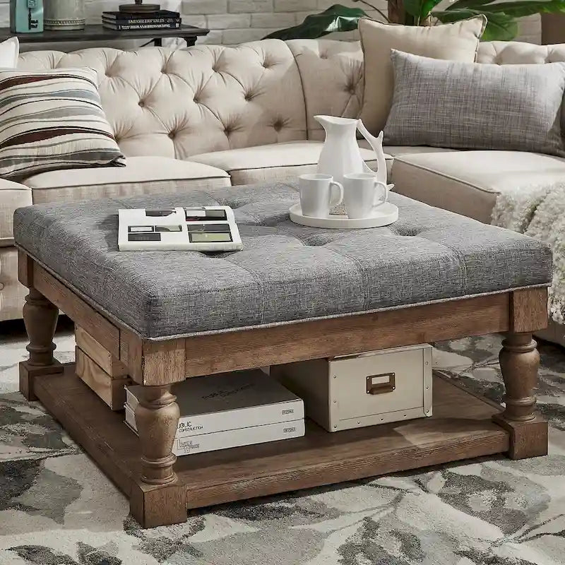 Storage Ottoman Coffee Table with 2 Drawers and Antique Pine Legs