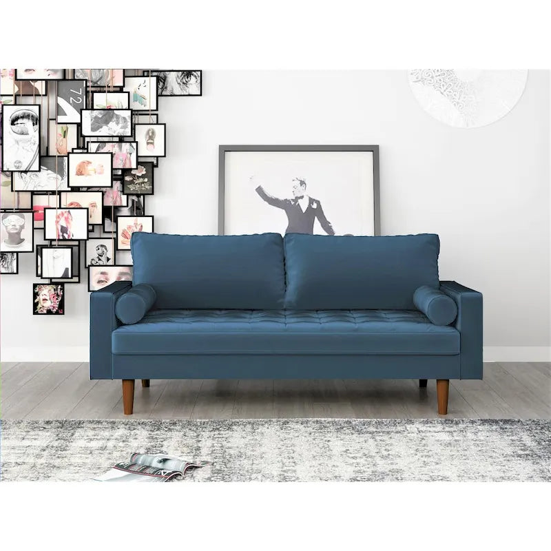 Mid-Century Modern Tufted Velvet 3-Seater Sofa with Bolster Pillows
