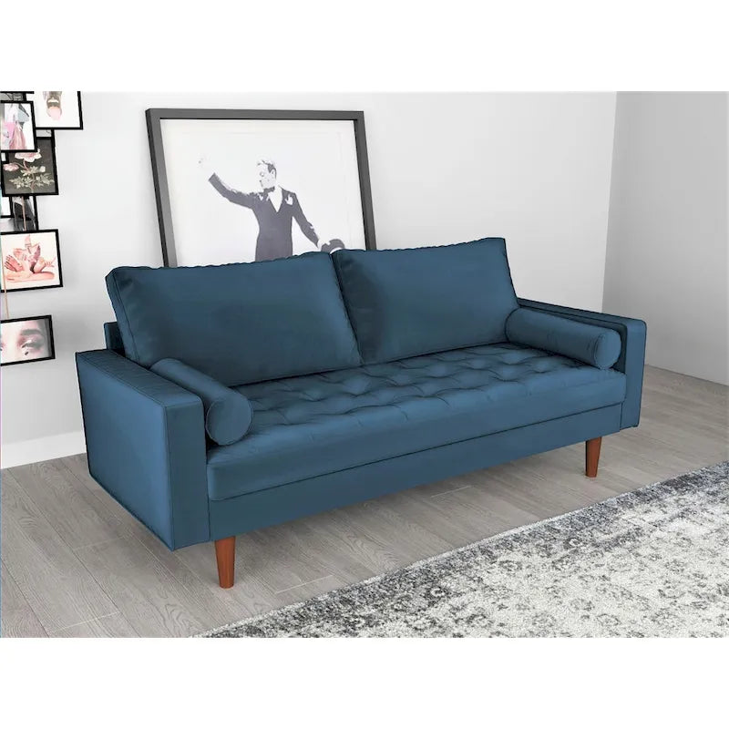 Mid-Century Modern Tufted Velvet 3-Seater Sofa with Bolster Pillows