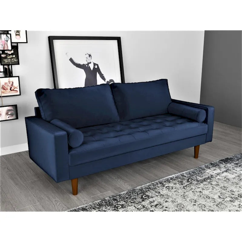 Mid-Century Modern Tufted Velvet 3-Seater Sofa with Bolster Pillows