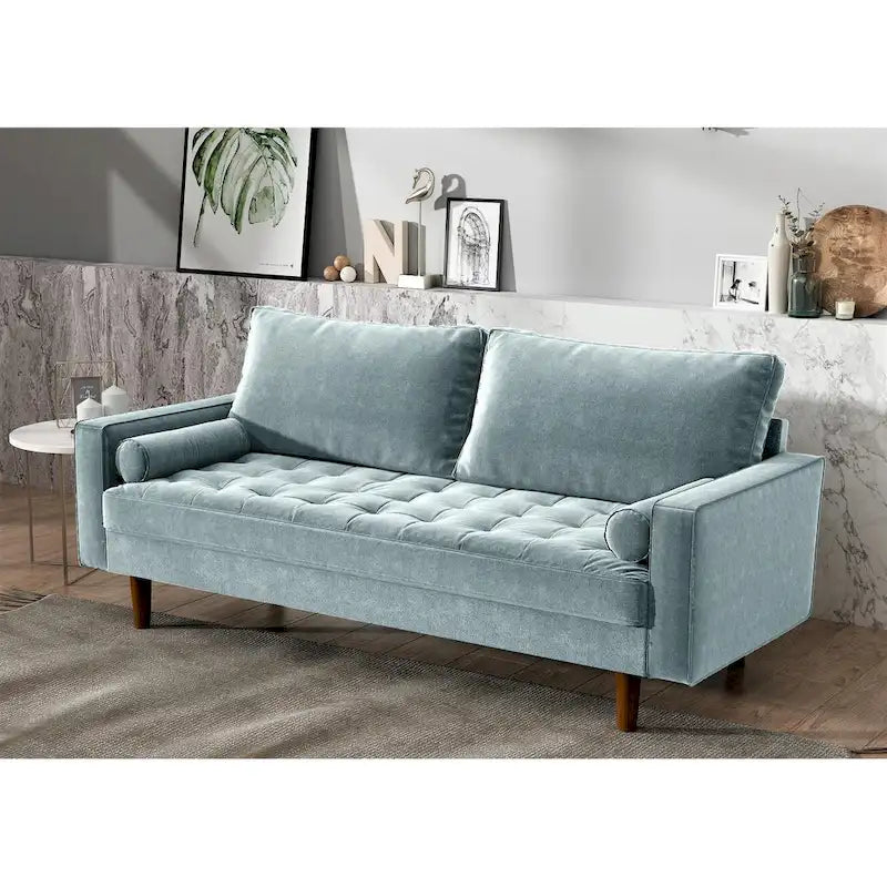 Mid-Century Modern Tufted Velvet 3-Seater Sofa with Bolster Pillows