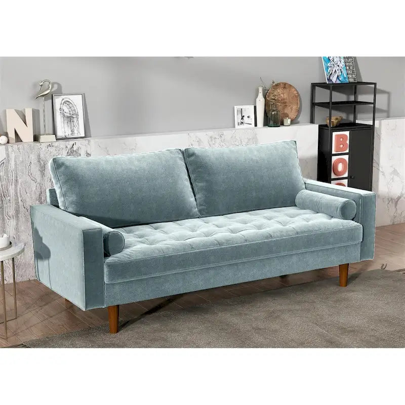Mid-Century Modern Tufted Velvet 3-Seater Sofa with Bolster Pillows
