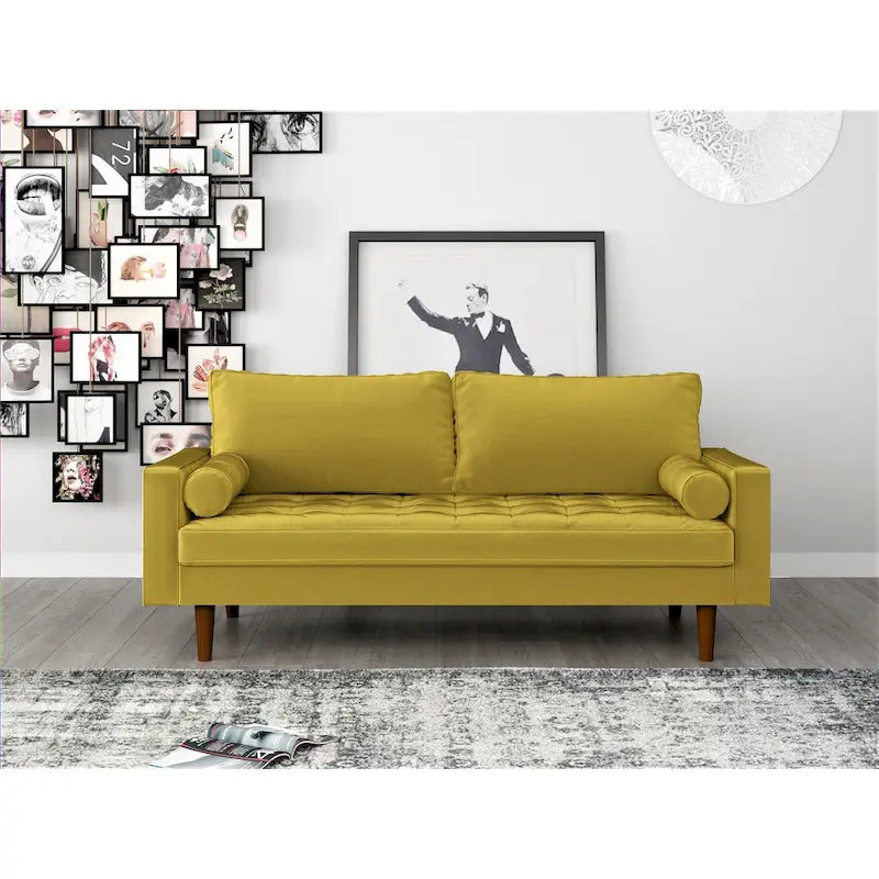 Mid-Century Modern Tufted Velvet 3-Seater Sofa with Bolster Pillows