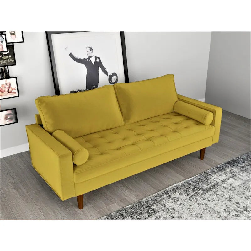 Mid-Century Modern Tufted Velvet 3-Seater Sofa with Bolster Pillows