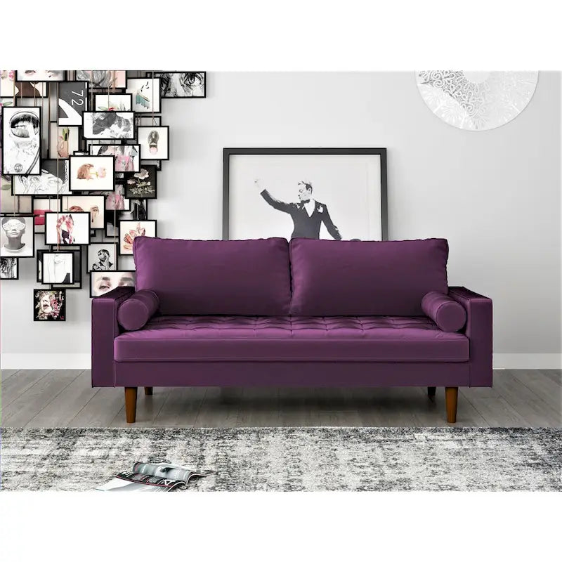 Mid-Century Modern Tufted Velvet 3-Seater Sofa with Bolster Pillows