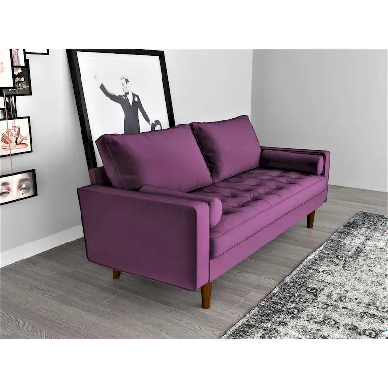 Mid-Century Modern Tufted Velvet 3-Seater Sofa with Bolster Pillows