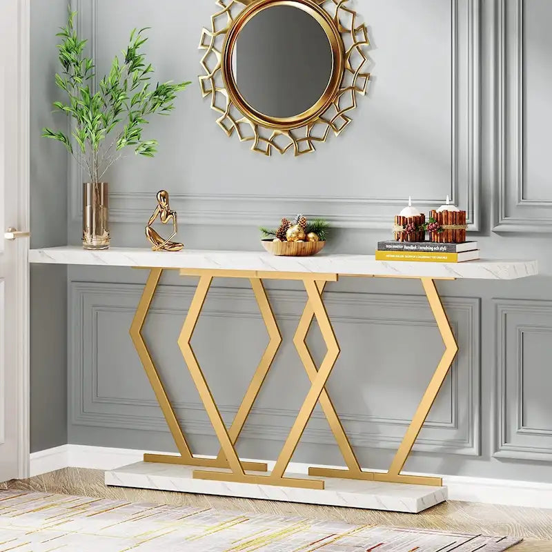70.9-Inch Console Table with Faux Marble Top and Gold Metal Frame