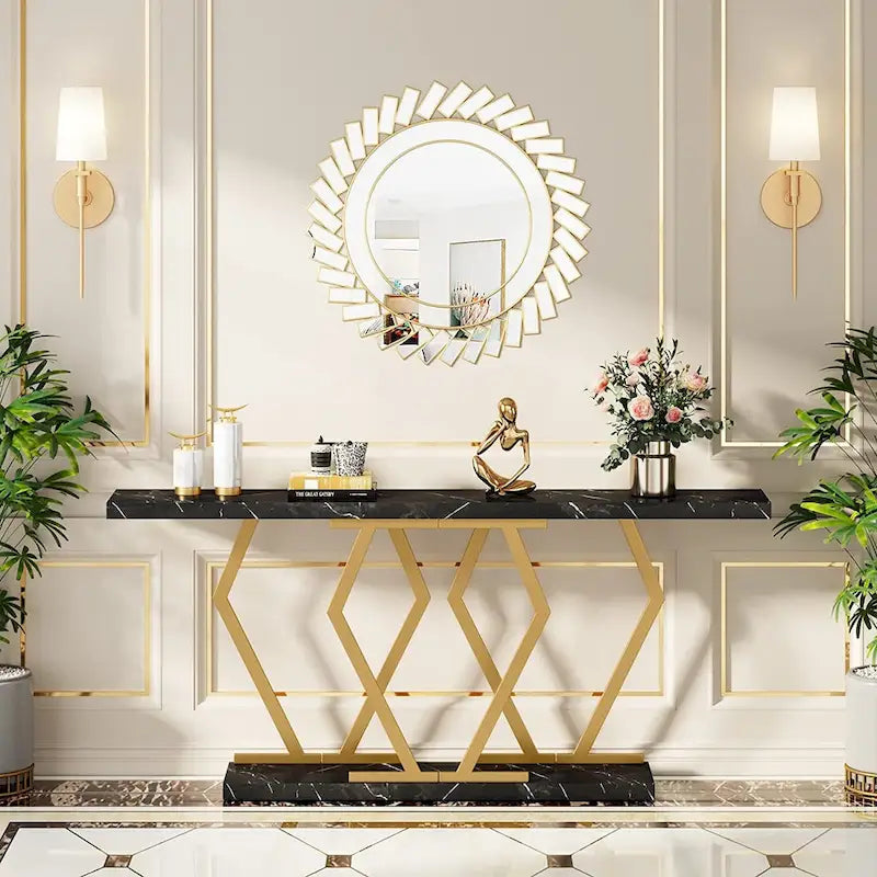 70.9-Inch Console Table with Faux Marble Top and Gold Metal Frame