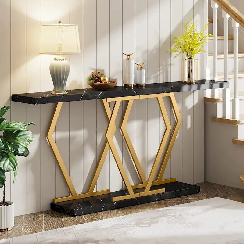 70.9-Inch Console Table with Faux Marble Top and Gold Metal Frame