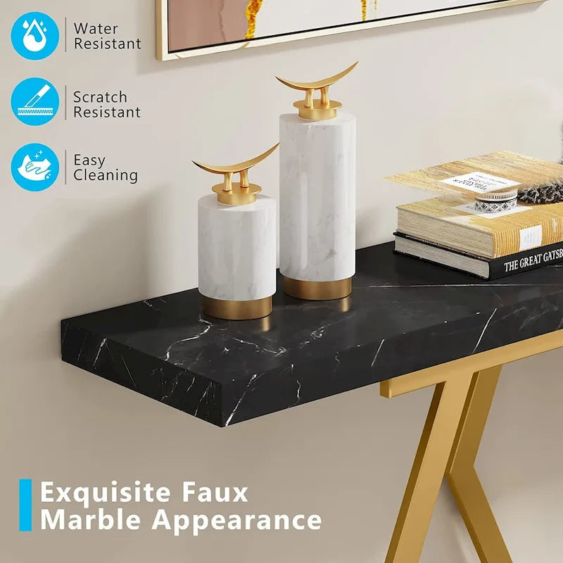 70.9-Inch Console Table with Faux Marble Top and Gold Metal Frame