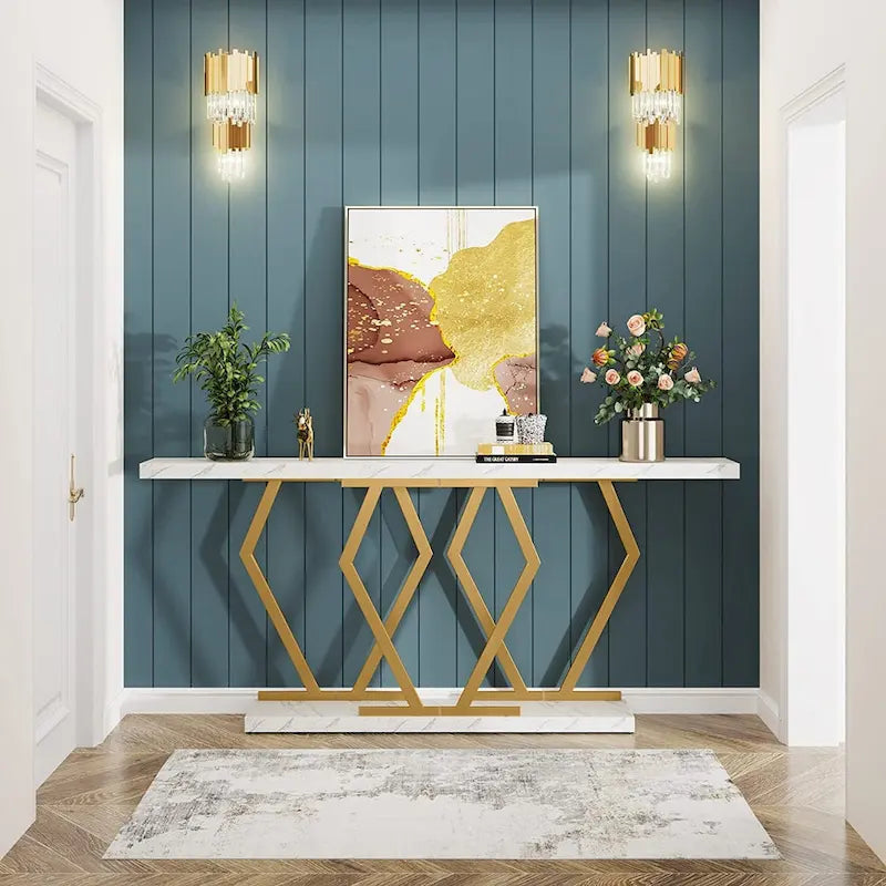 70.9-Inch Console Table with Faux Marble Top and Gold Metal Frame