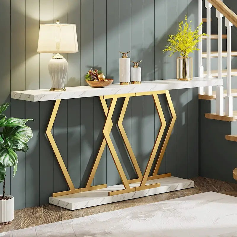 70.9-Inch Console Table with Faux Marble Top and Gold Metal Frame