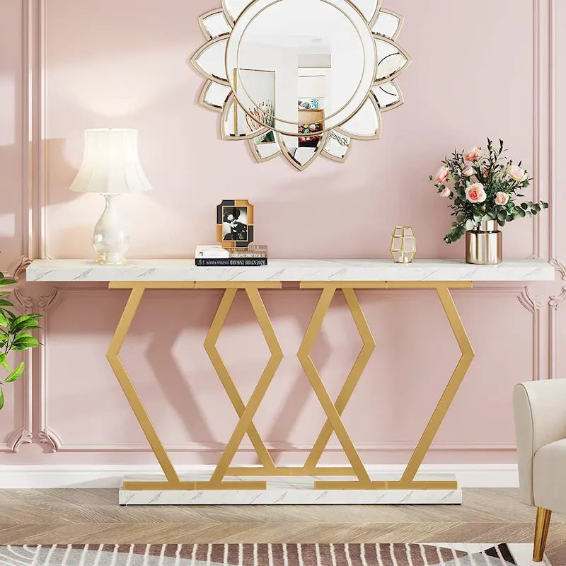 70.9-Inch Console Table with Faux Marble Top and Gold Metal Frame