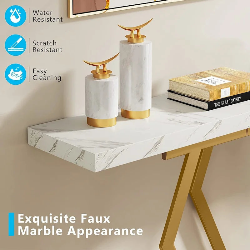 70.9-Inch Console Table with Faux Marble Top and Gold Metal Frame