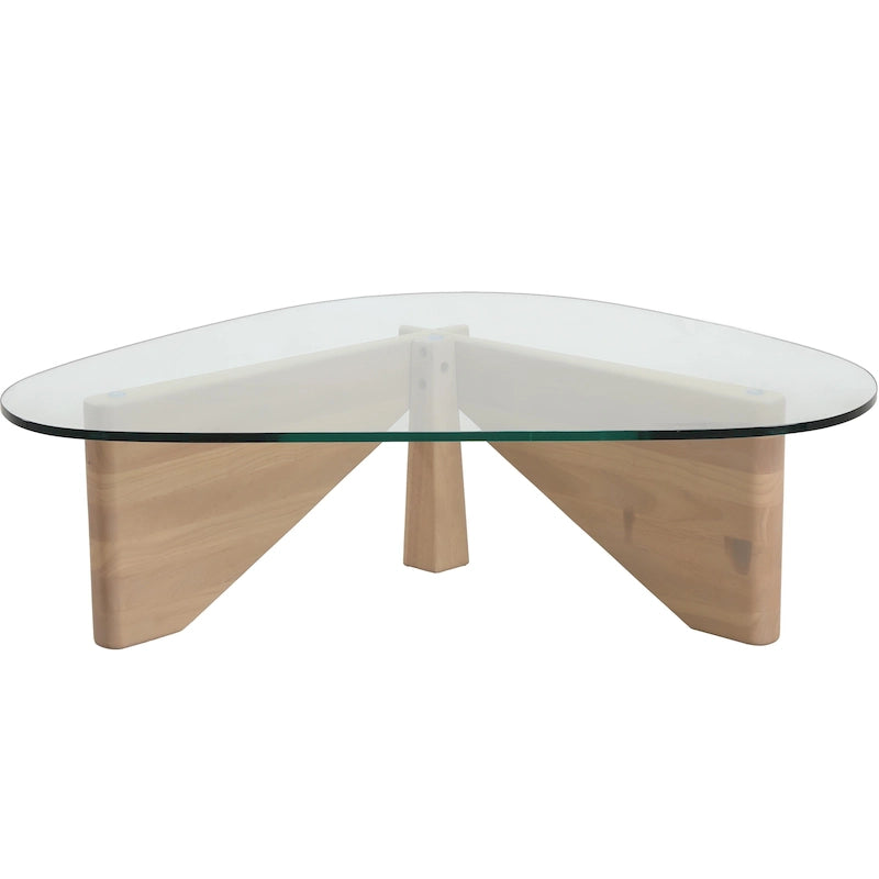 Triangular Glass Top Coffee Table with Rubberwood Base, 36-Inch
