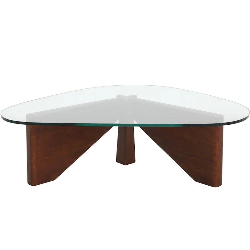 Triangular Glass Top Coffee Table with Rubberwood Base, 36-Inch