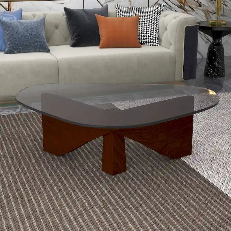 Triangular Glass Top Coffee Table with Rubberwood Base, 36-Inch