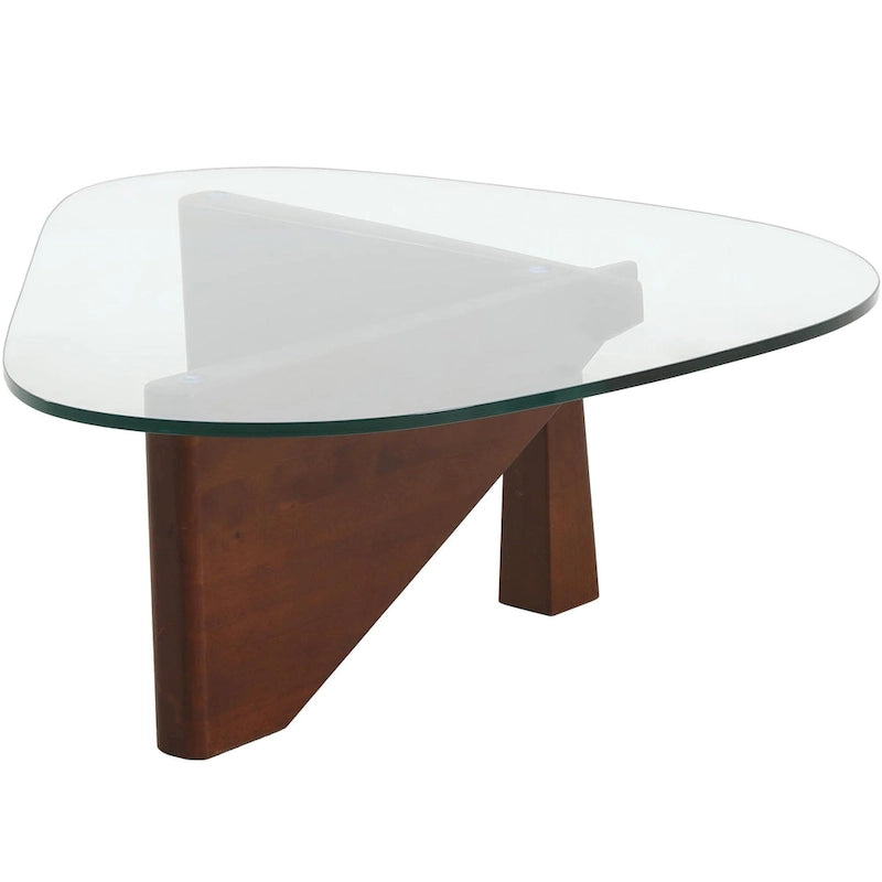 Triangular Glass Top Coffee Table with Rubberwood Base, 36-Inch