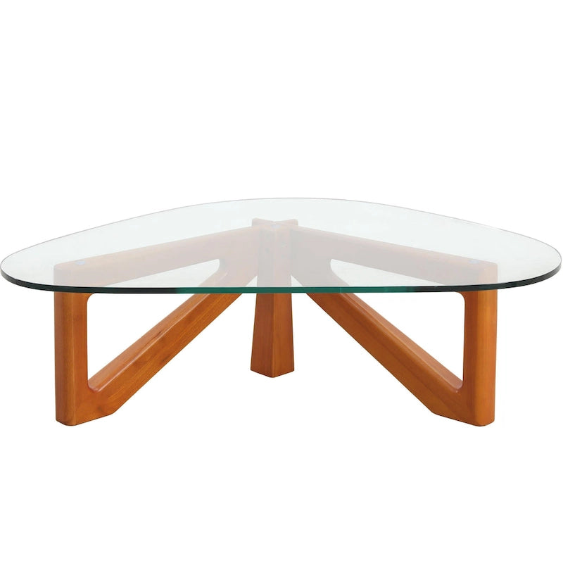 Triangular Glass Top Coffee Table with Rubberwood Base, 36-Inch