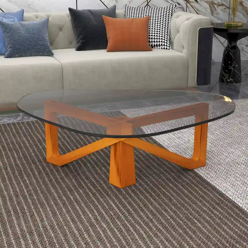 Triangular Glass Top Coffee Table with Rubberwood Base, 36-Inch