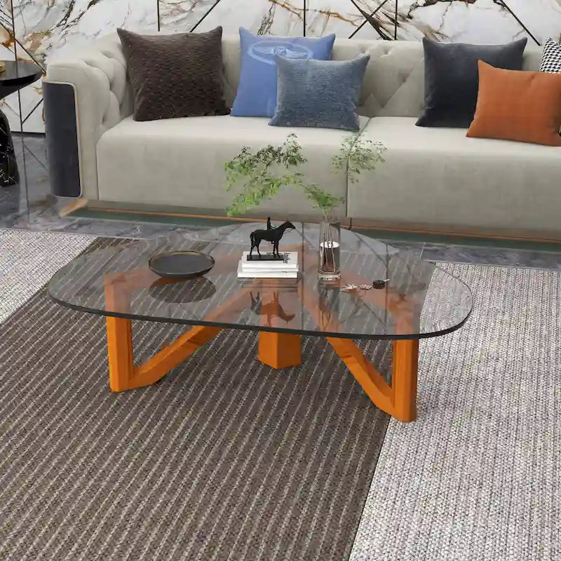 Triangular Glass Top Coffee Table with Rubberwood Base, 36-Inch
