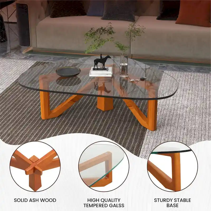 Triangular Glass Top Coffee Table with Rubberwood Base, 36-Inch