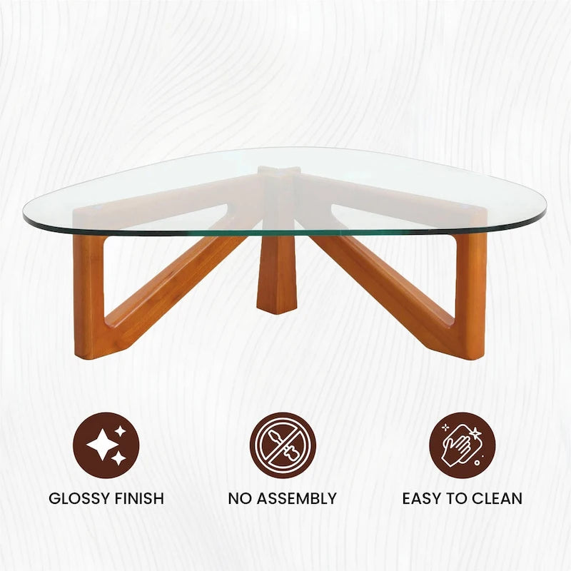 Triangular Glass Top Coffee Table with Rubberwood Base, 36-Inch