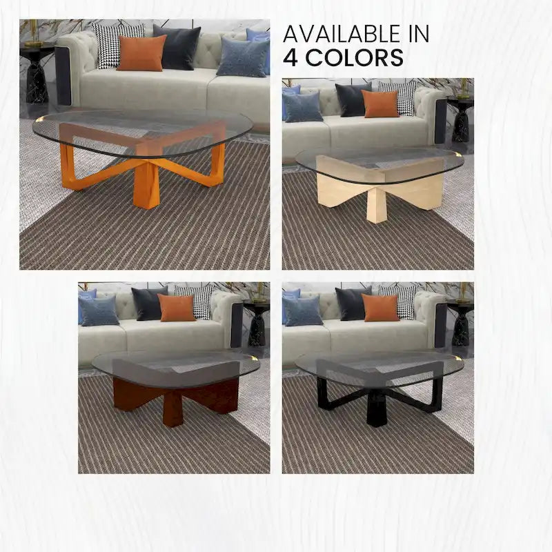 Triangular Glass Top Coffee Table with Rubberwood Base, 36-Inch