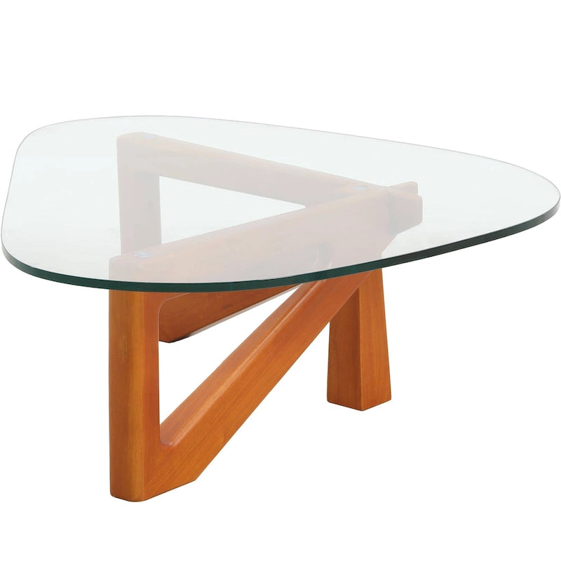 Triangular Glass Top Coffee Table with Rubberwood Base, 36-Inch