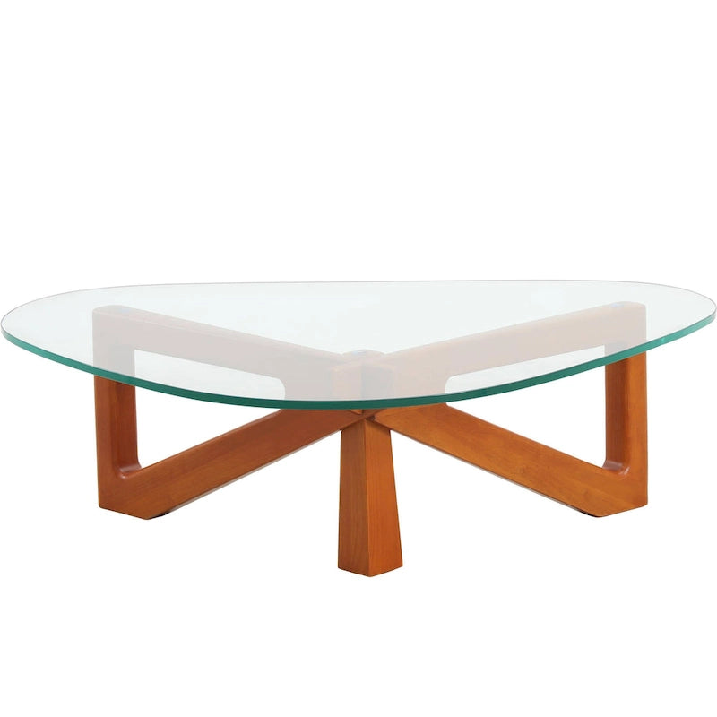 Triangular Glass Top Coffee Table with Rubberwood Base, 36-Inch