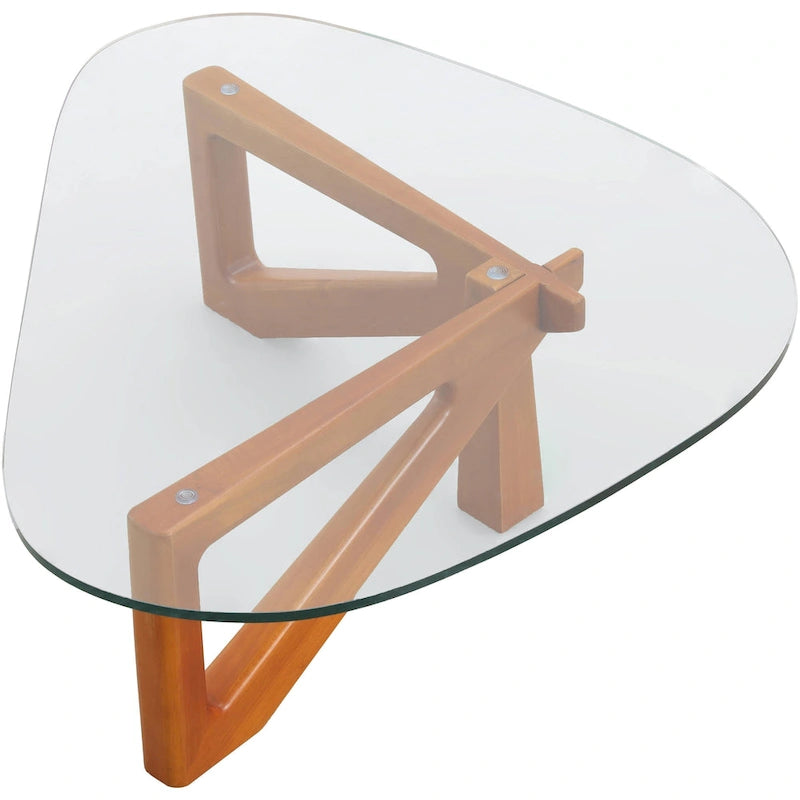 Triangular Glass Top Coffee Table with Rubberwood Base, 36-Inch