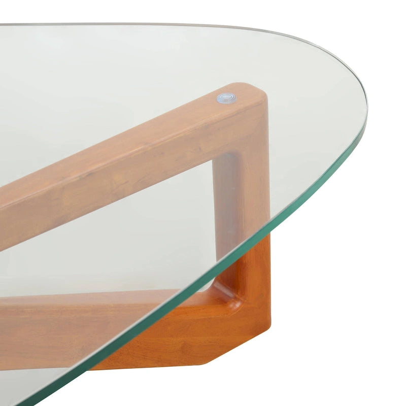 Triangular Glass Top Coffee Table with Rubberwood Base, 36-Inch